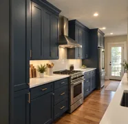 Illustrative kitchen with deep blue cabinets