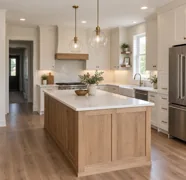 Illustrative bright kitchen with a natural wood island