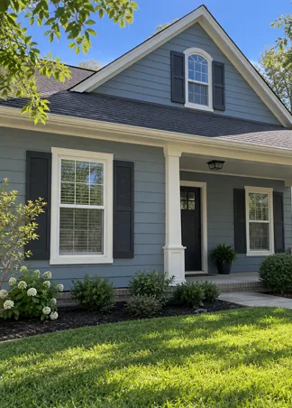 Illustrative blue-gray home after an exterior refresh