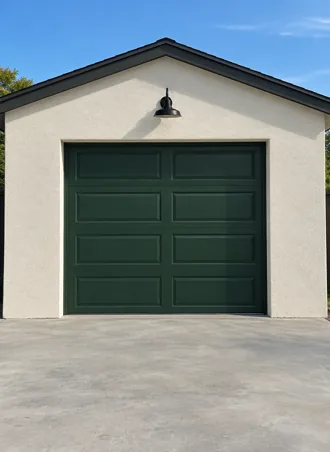 Illustrative off-white garage with a deep green door