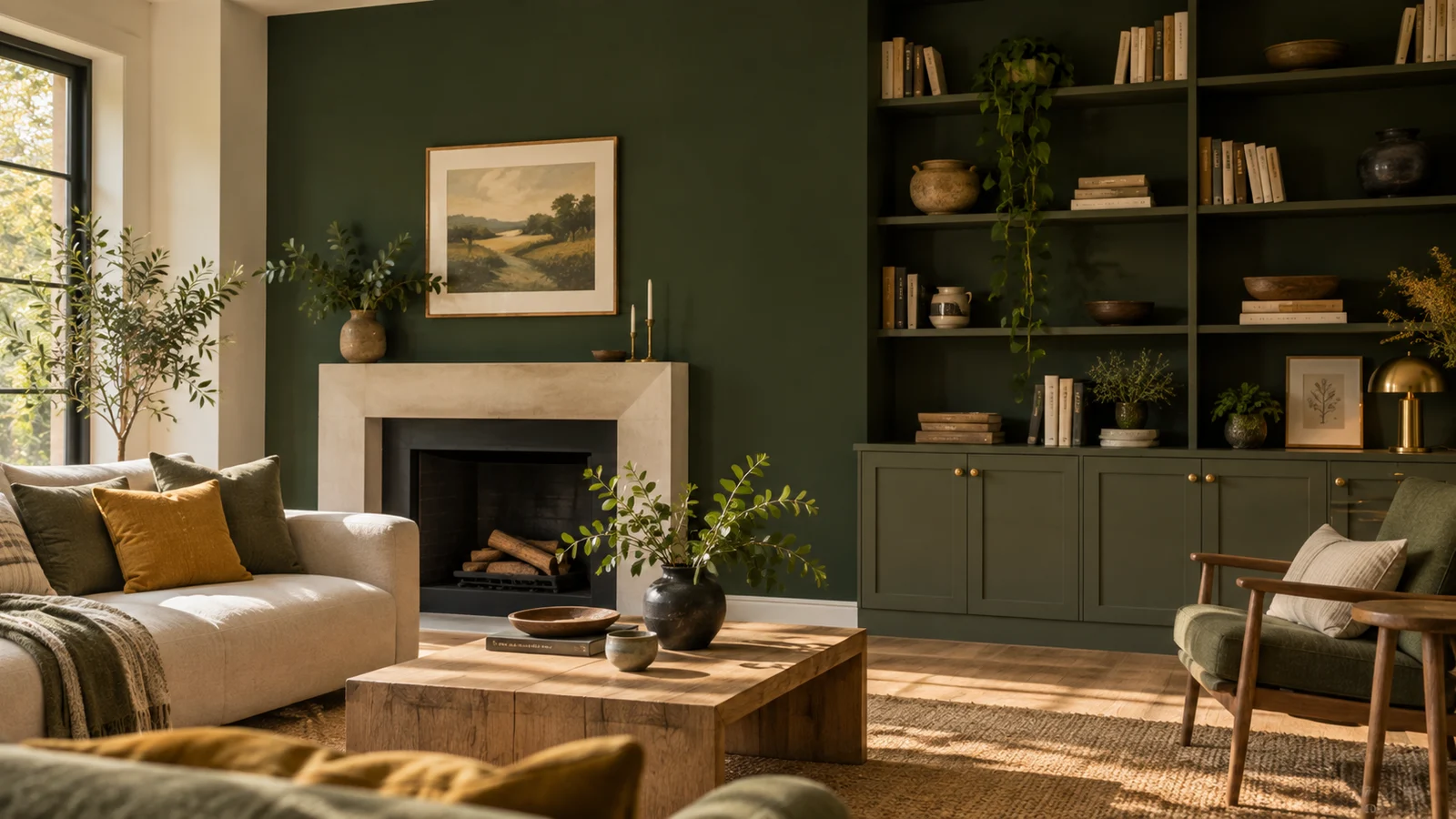 Illustrative living room with a deep forest-green wall and olive built-ins