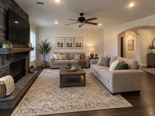 Illustrative finished living room with warm-white walls